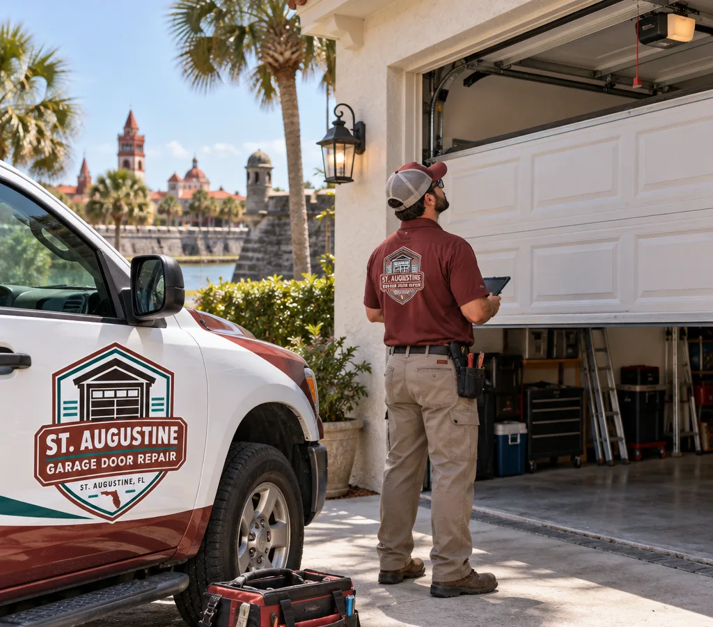 Contractor diagnosing the track and rollers of a partially open residential garage door in St. Augustine