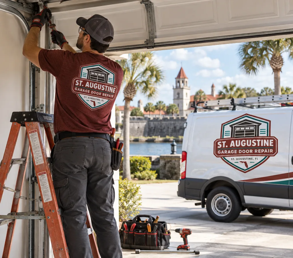 Contractor using winding bars at a residential garage door torsion spring assembly in St. Augustine