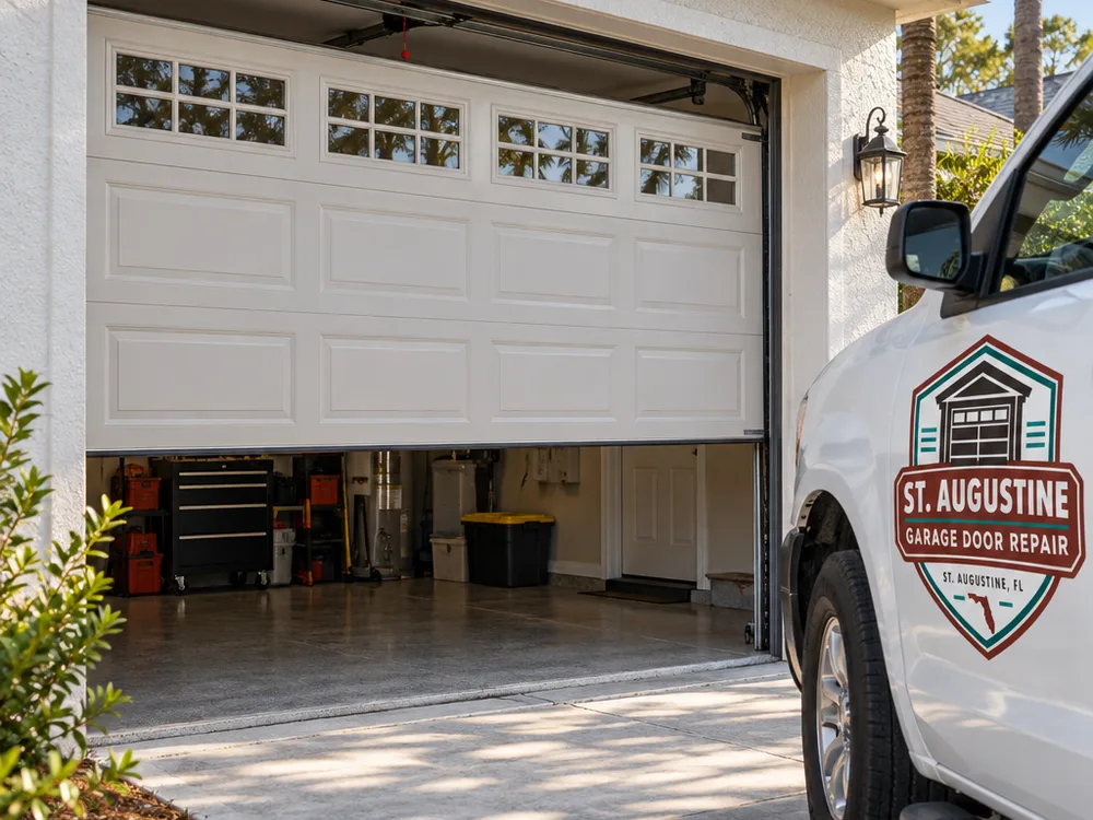 Balanced residential garage door holding evenly in a halfway-open position