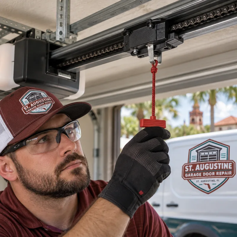 Garage door opener logic board and wire terminals being inspected with a flashlight
