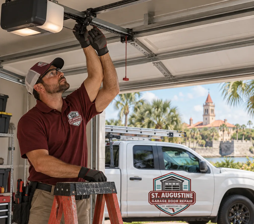 Residential garage door with the overhead opener visible as a contractor prepares to diagnose it