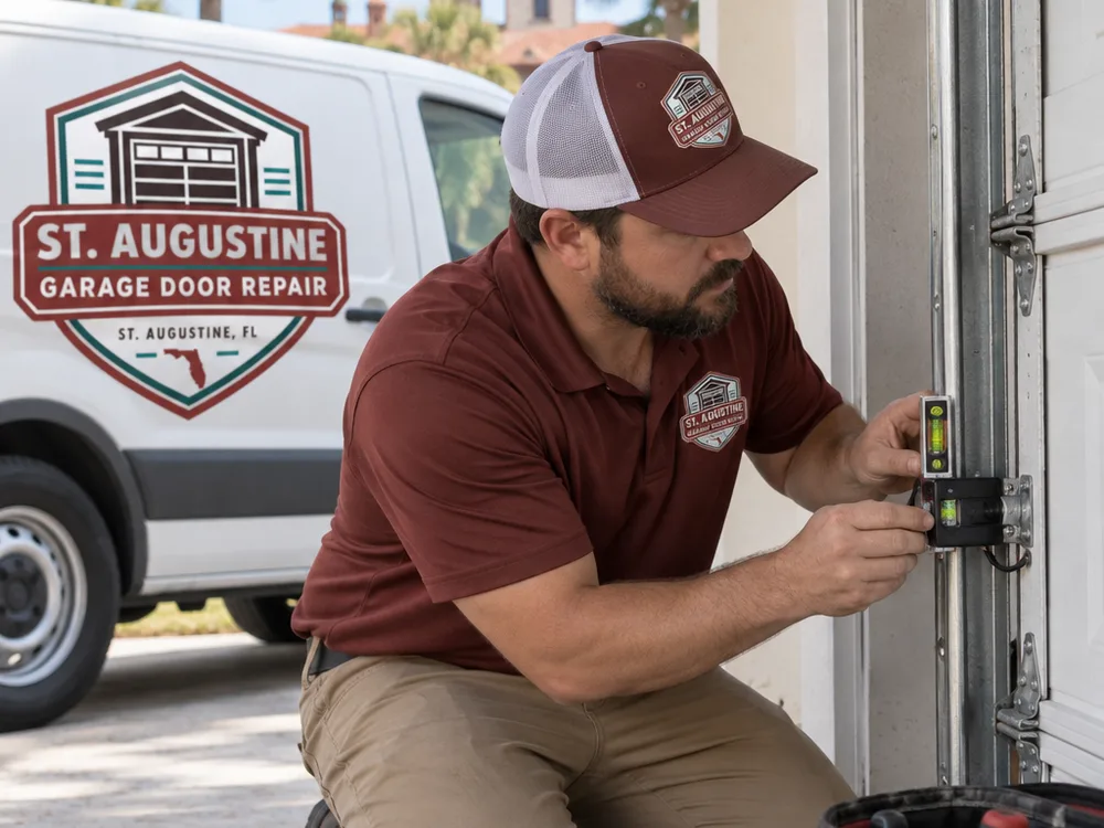 Contractor checking garage door opener safety sensor alignment and wiring near the track