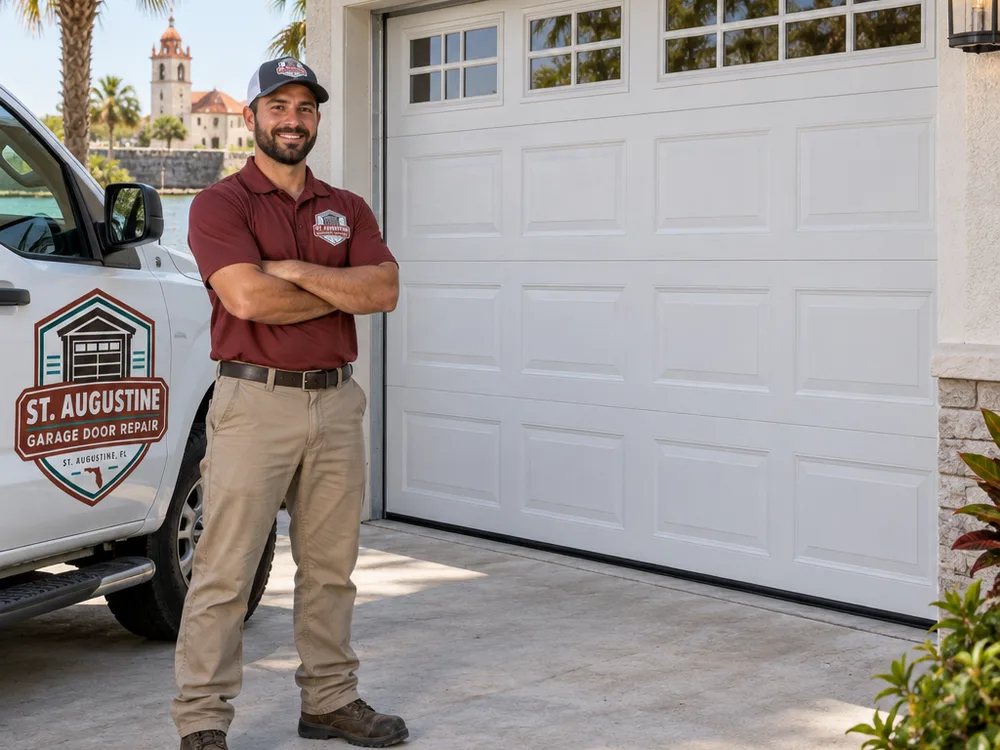 Garage door fully closed with a wall control station visible inside the garage