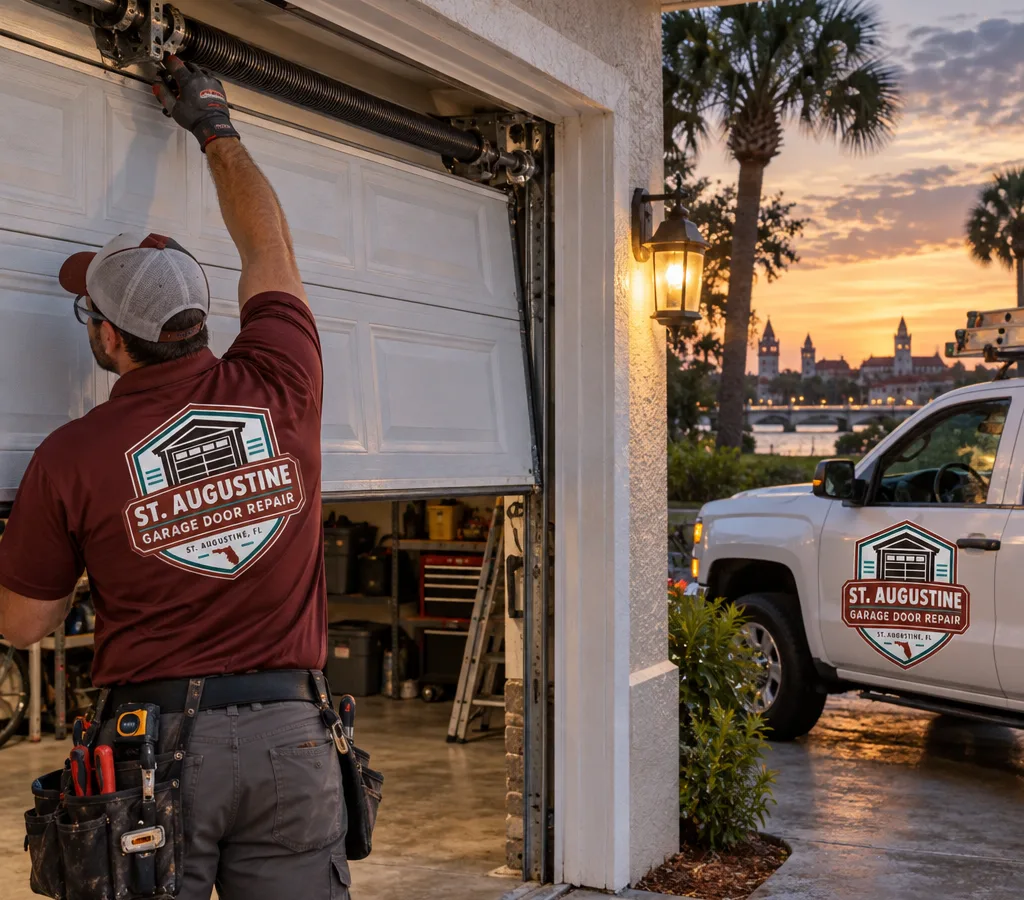 Residential garage door in St. Augustine partially open and crooked on its tracks at dusk while a homeowner observes from a safe distance