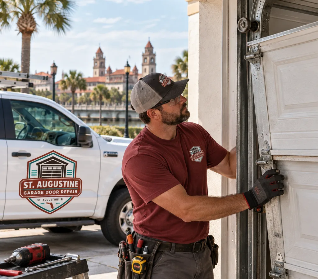 Residential sectional garage door sitting crooked with one side off the track while a contractor assesses the track and rollers