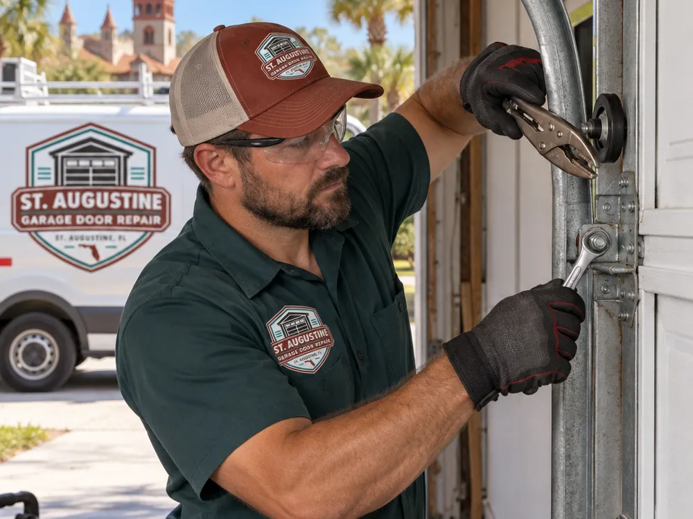 Garage door roller out of a slightly bent track while a contractor stabilizes the door with locking pliers