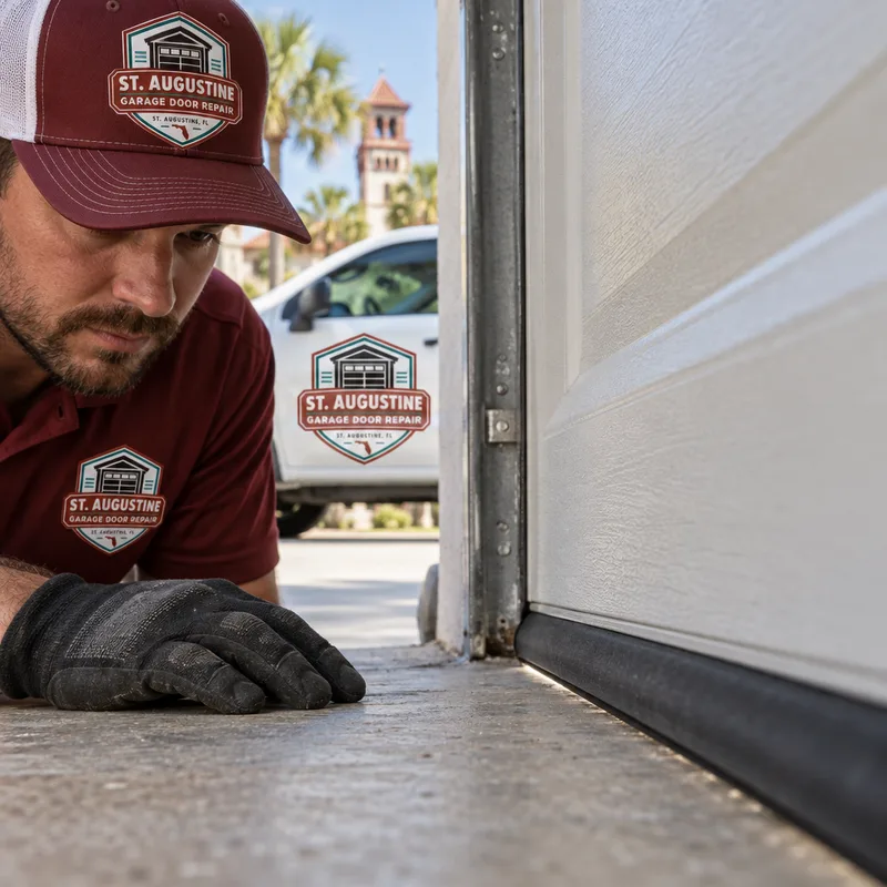 Bottom garage door weather seal meeting a slightly sloped concrete floor without a daylight gap