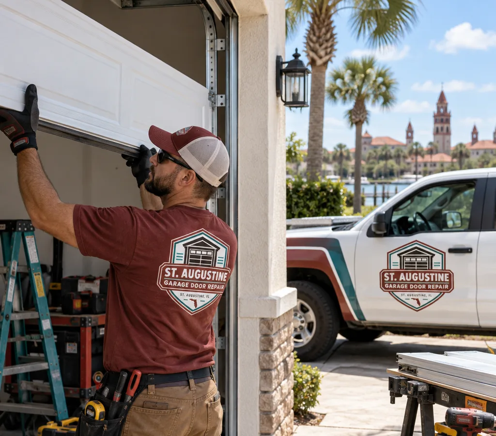 Installer positioning a new sectional steel garage door with tracks visible at a coastal Florida home