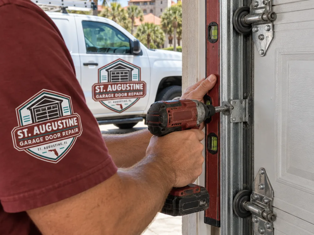 Garage door installer adjusting a torsion spring and center bearing plate above the header