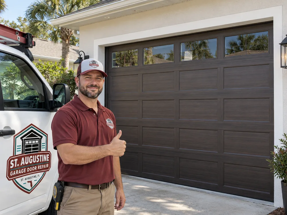 Finished modern steel sectional garage door with perimeter sealing and top panel windows